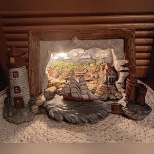 Vintage Handpainted Detailed 3D Lighted Ceramic Lighthouse Scene.  12"Wx6"Tx6"D